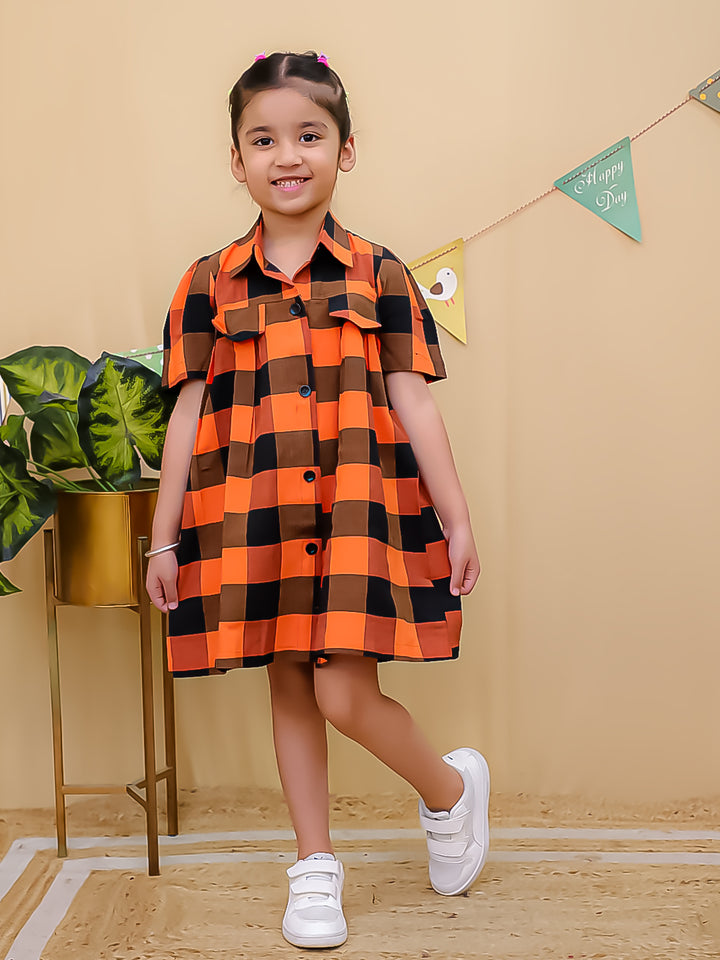 Girls Orange & Black Checked Cotton Shirt Dress- Unbind