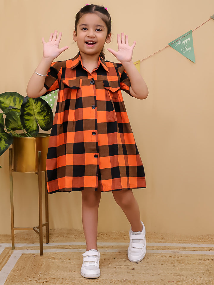 Girls Orange & Black Checked Cotton Shirt Dress- Unbind