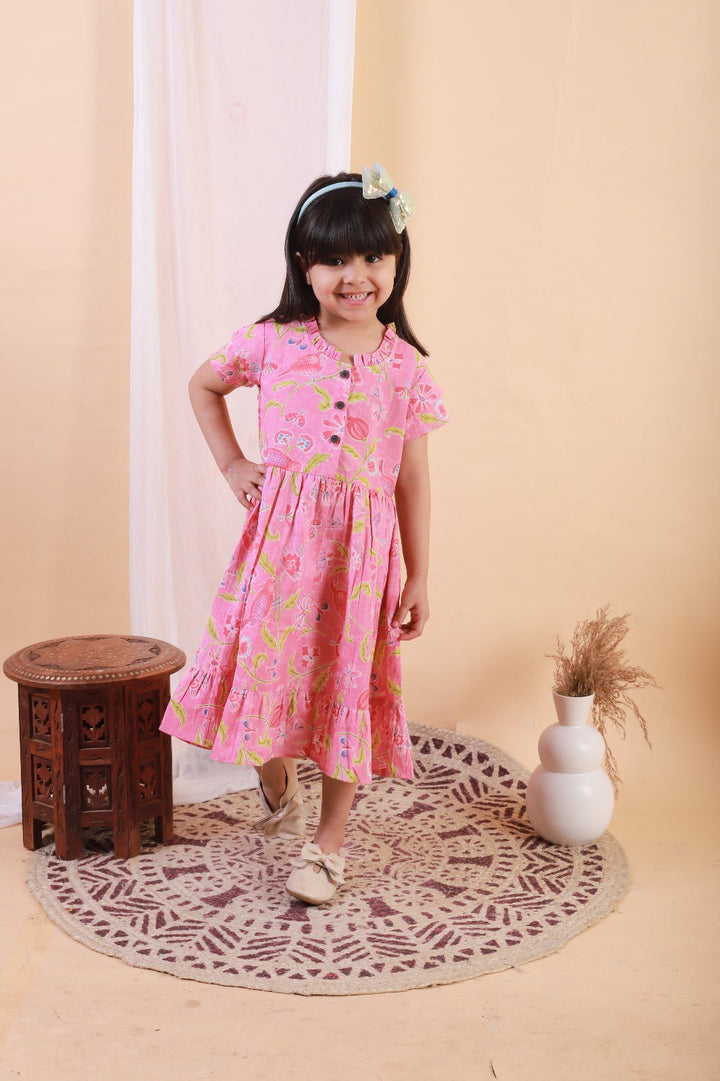 Unbind Girls Pink Floral Printed Cotton Dress – Elegant Summer Outfit for Kids