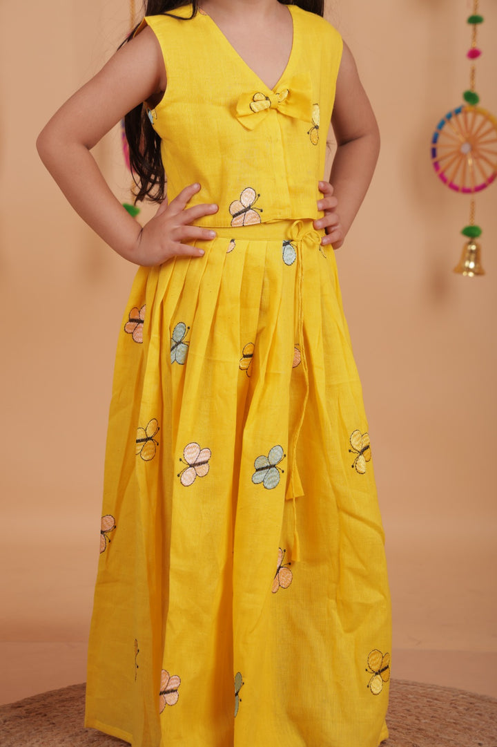Girls Yellow Butterfly Embroidered Lehenga Choli with Hairband