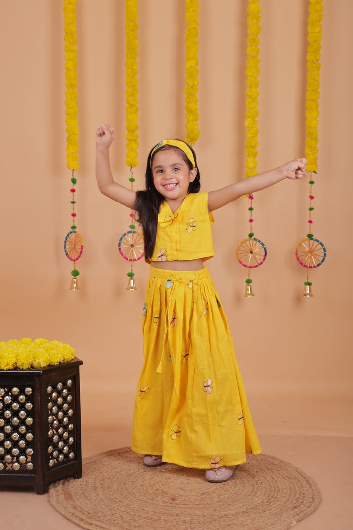 Girls Yellow Butterfly Embroidered Lehenga Choli with Hairband