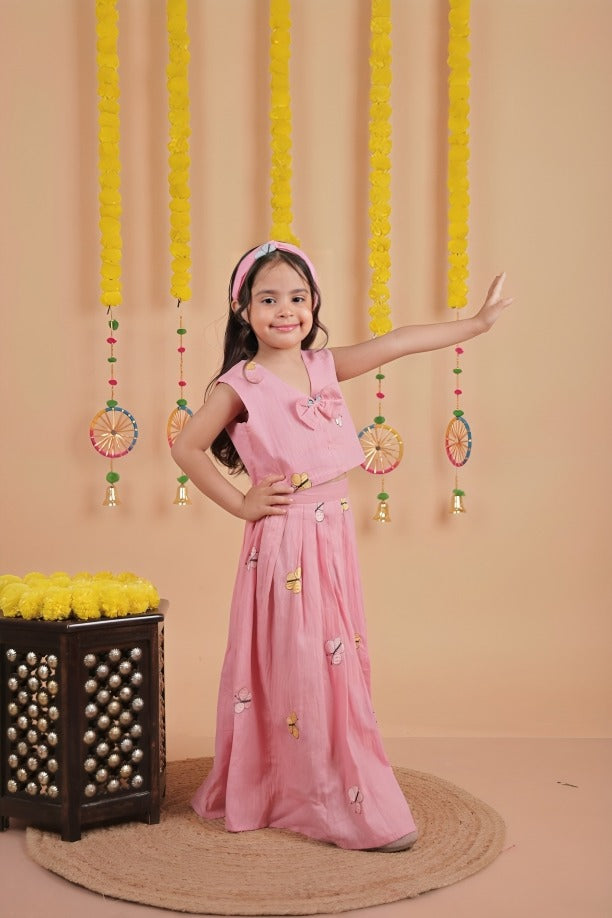 Kids Ethnic Wear – Girls Pink Lehenga Set with Sleeveless Top