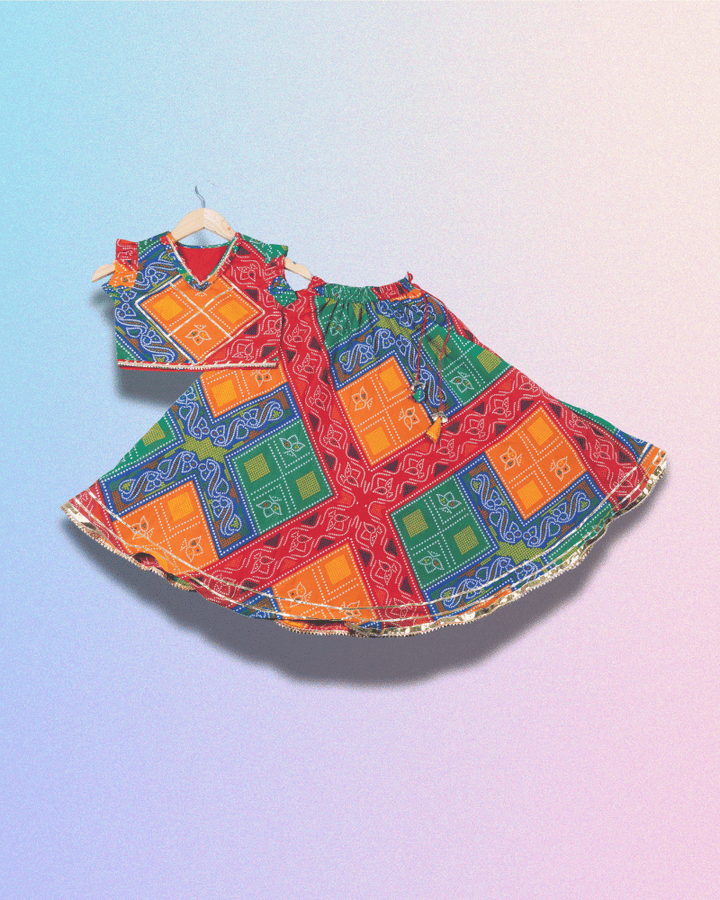 Beautiful multi printed lehenga with top and gota detaling