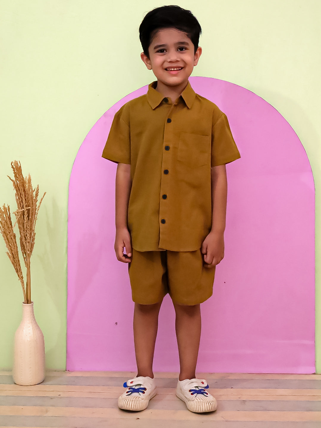 "Boys Mustard Cotton Flex Co-ord Set – Half Sleeve Shirt & Shorts"