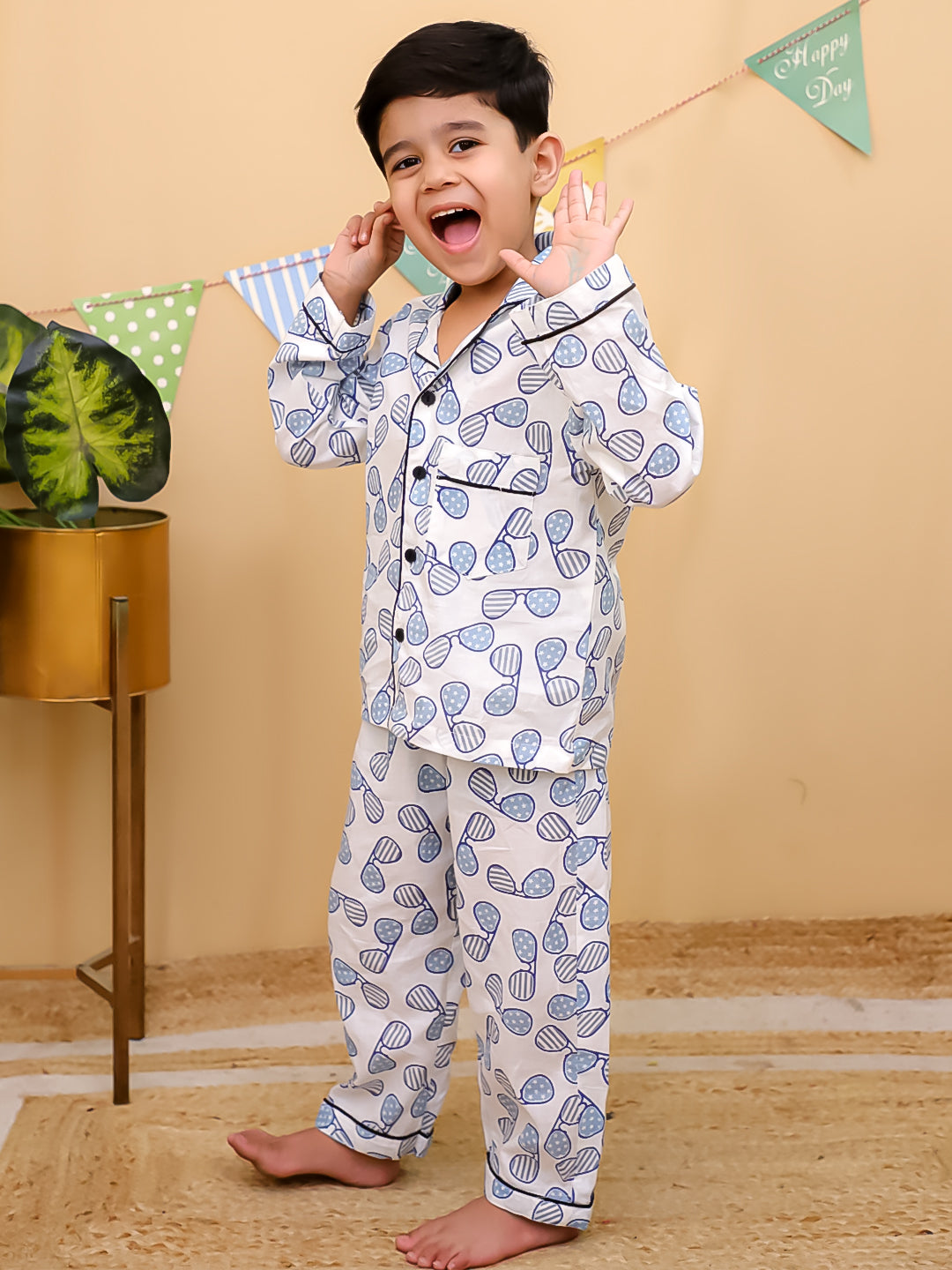 Unbind Kids Cotton Night Suit – Blue Sunglasses Print (White Base)