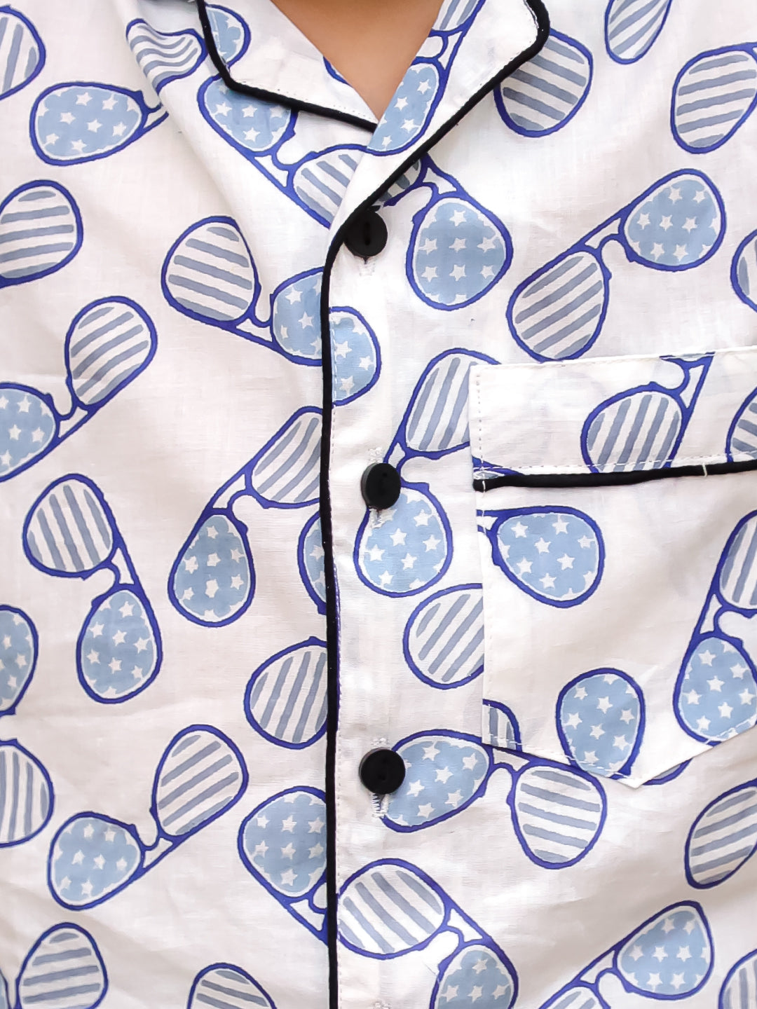 Unbind Kids Cotton Night Suit – Blue Sunglasses Print (White Base)