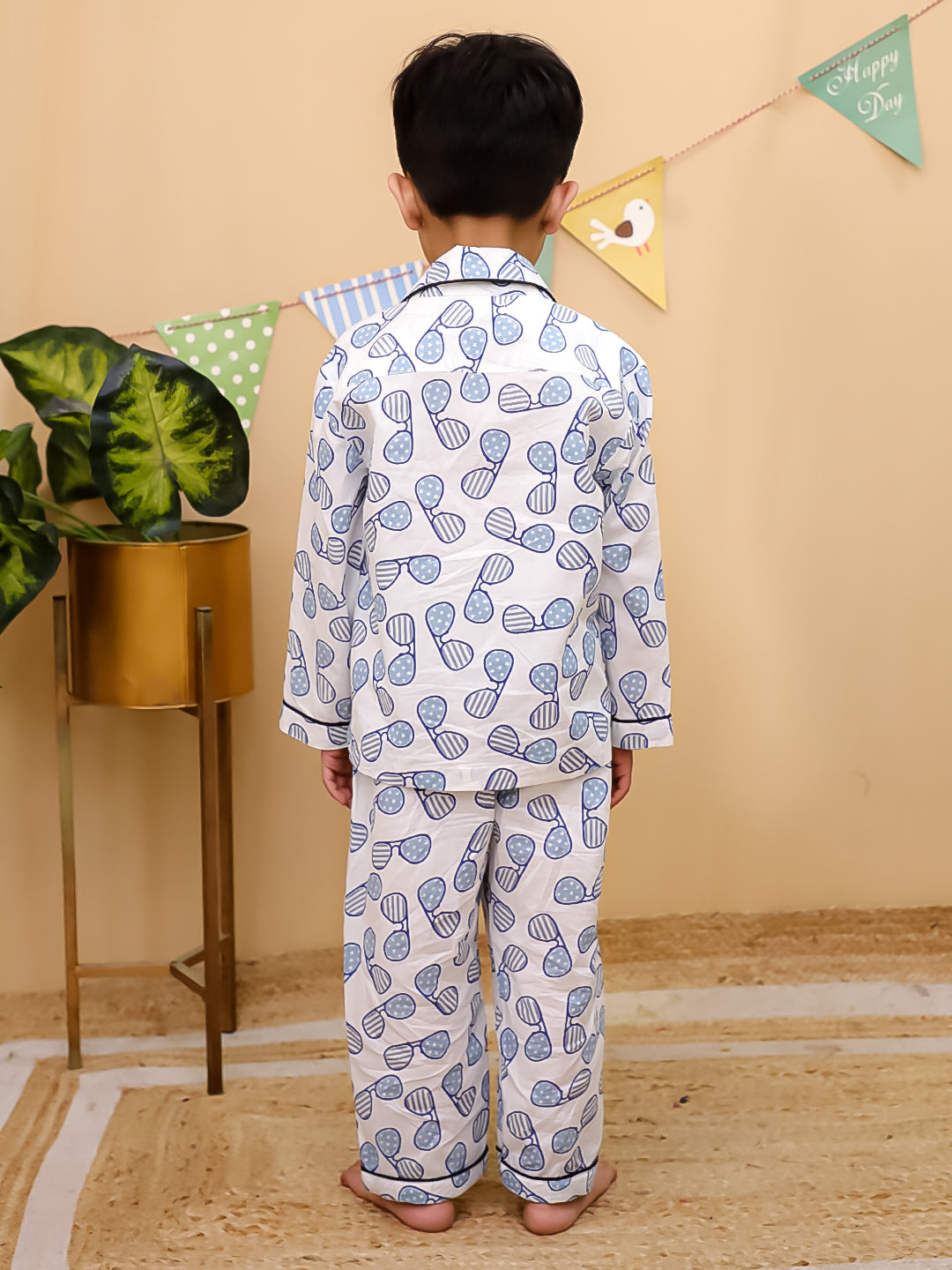 Unbind Kids Cotton Night Suit – Blue Sunglasses Print (White Base)
