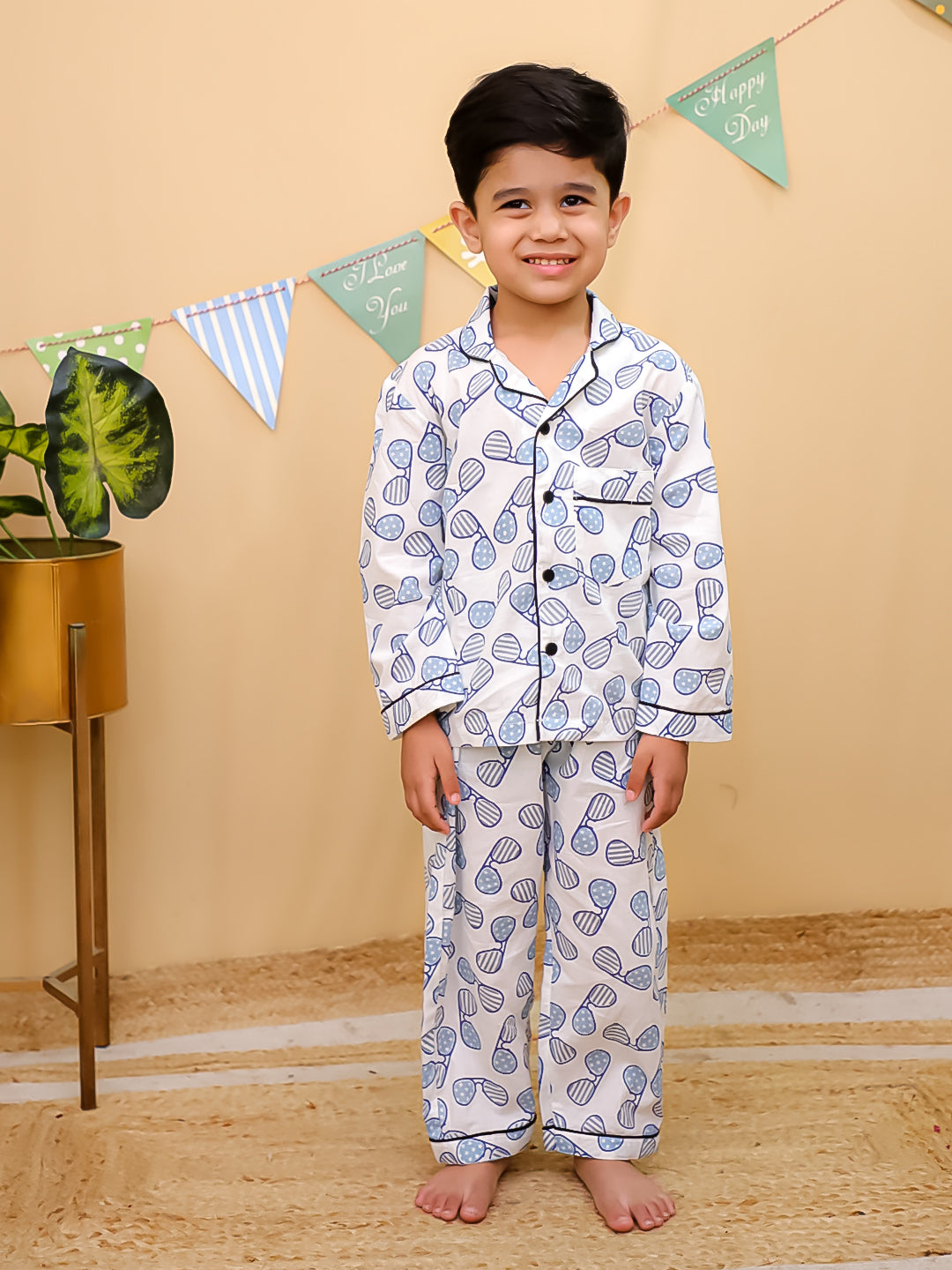 Unbind Kids Cotton Night Suit – Blue Sunglasses Print (White Base)
