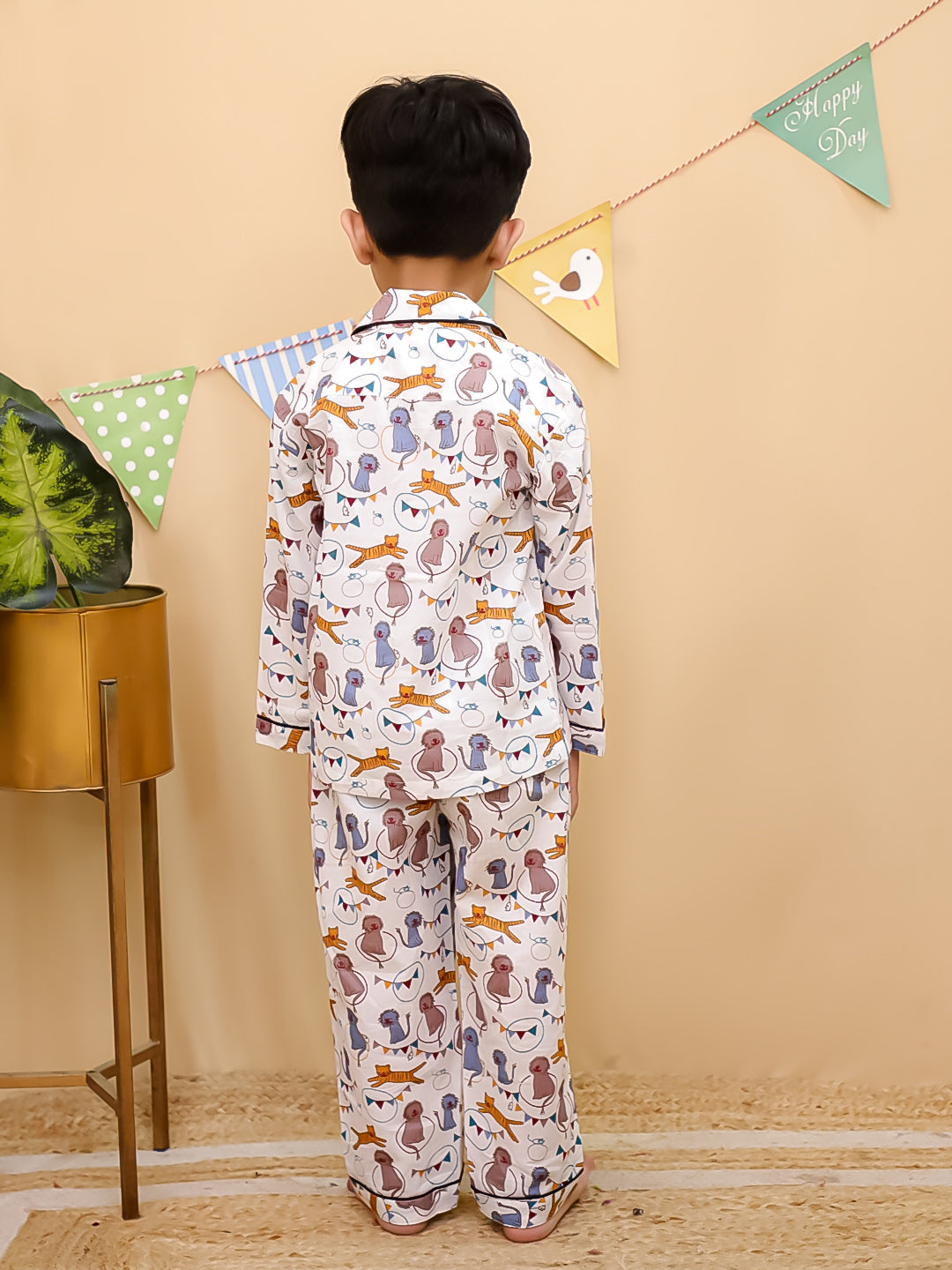 Unbind Kids Cotton Night Suit – Animal Party Print (Cream Base)