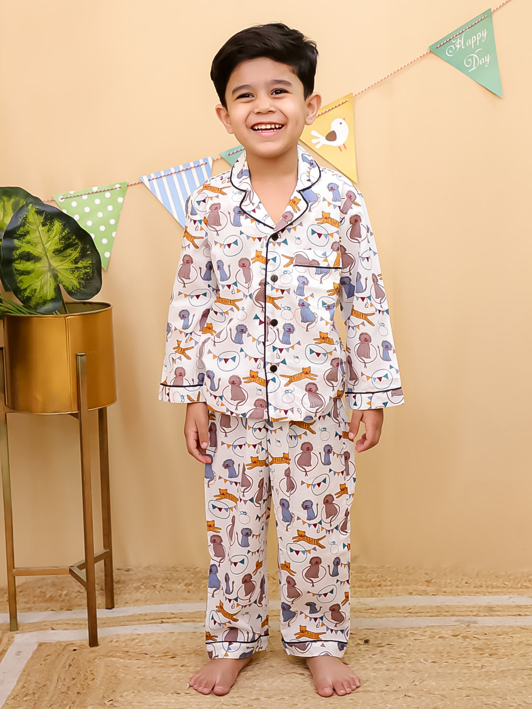 Unbind Kids Cotton Night Suit – Animal Party Print (Cream Base)