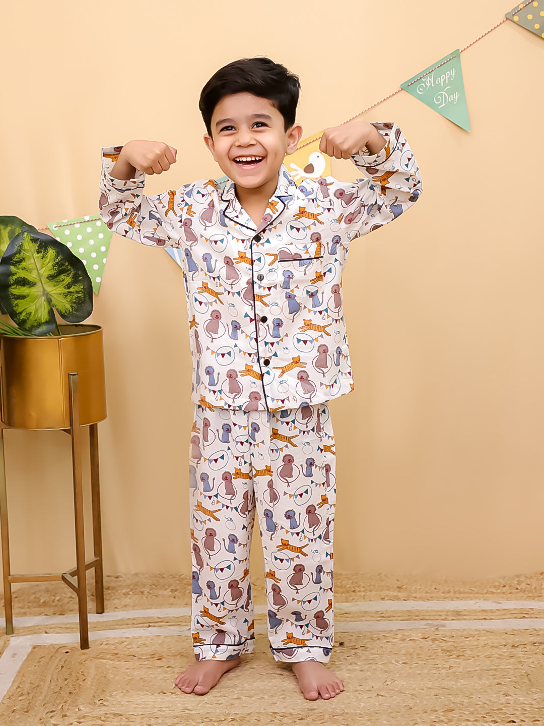 Unbind Kids Cotton Night Suit – Animal Party Print (Cream Base)