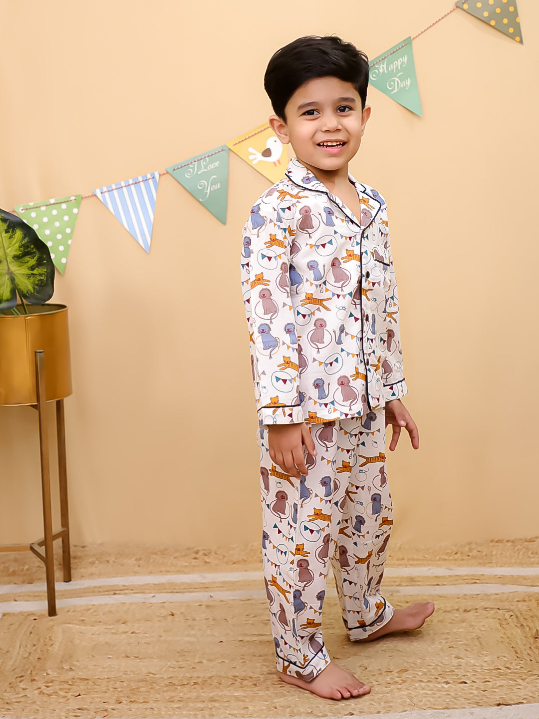 Unbind Kids Cotton Night Suit – Animal Party Print (Cream Base)