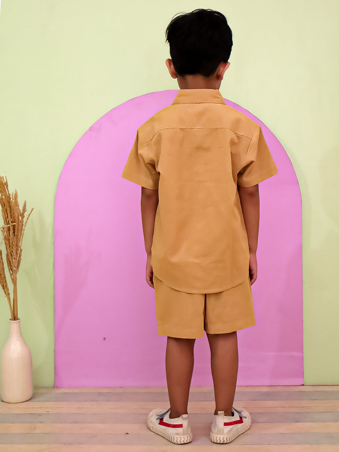 "Boys Cotton Co-ord Set – Mustard Half Sleeve Shirt & Shorts | Summer Outfit"