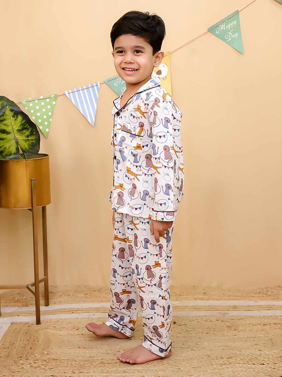 Unbind Kids Cotton Night Suit – Animal Party Print (Cream Base)