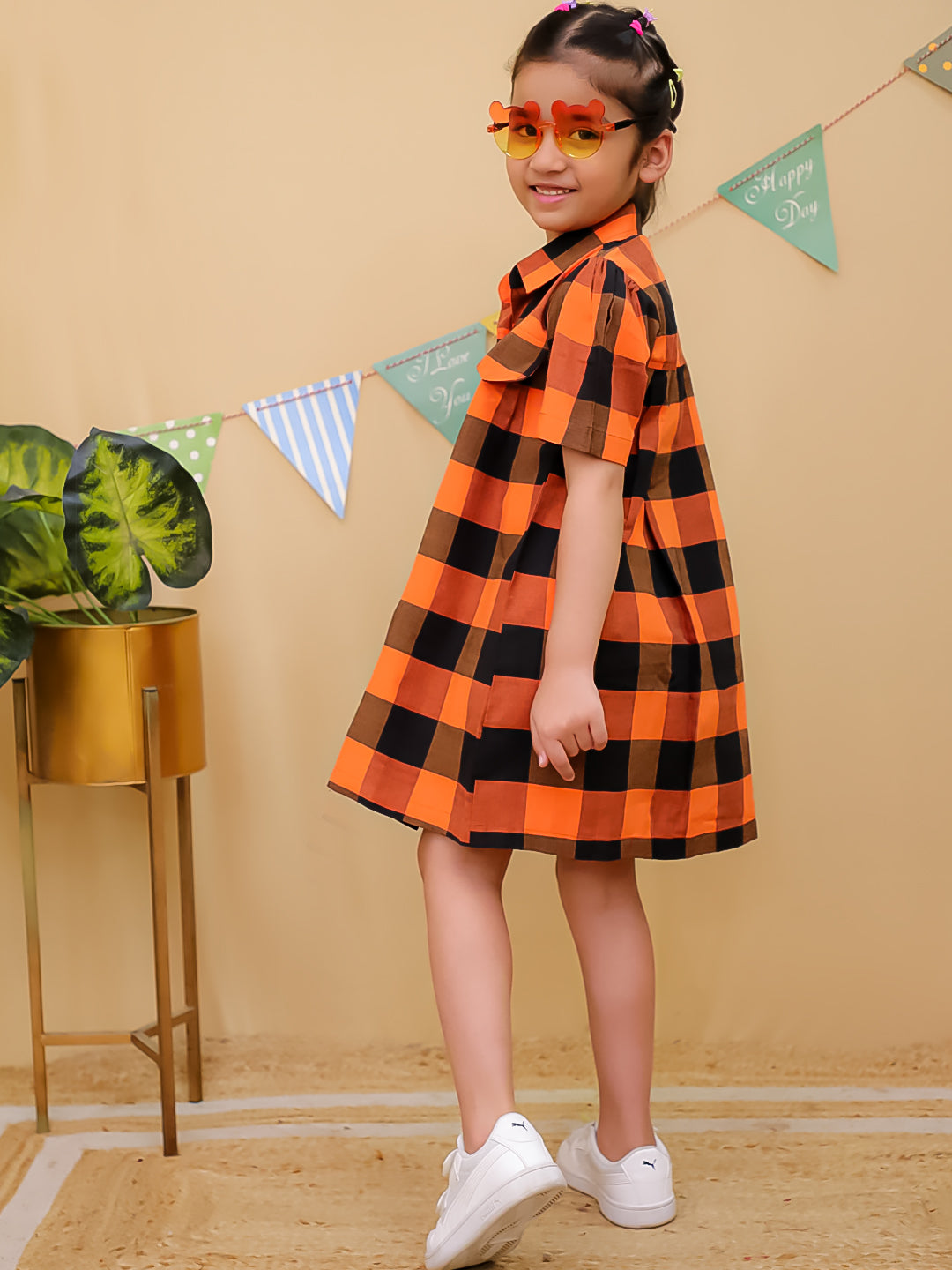 Girls Orange & Black Checked Cotton Shirt Dress- Unbind