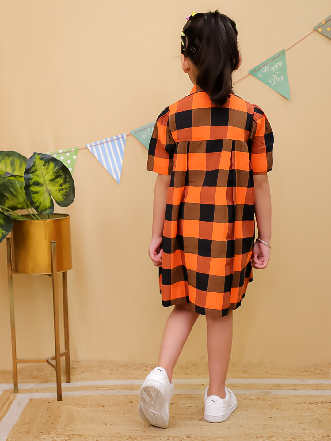 Girls Orange & Black Checked Cotton Shirt Dress- Unbind