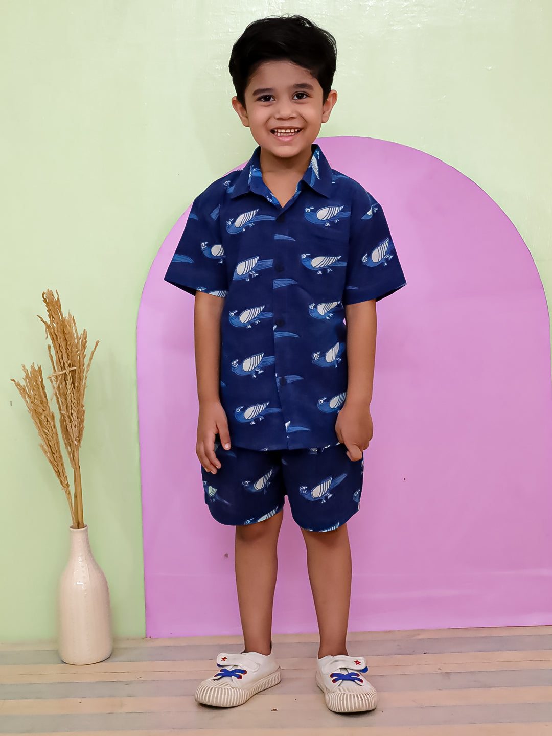 Boys' Cotton Flex Shirt & Shorts Co-ord Set – Blue Printed