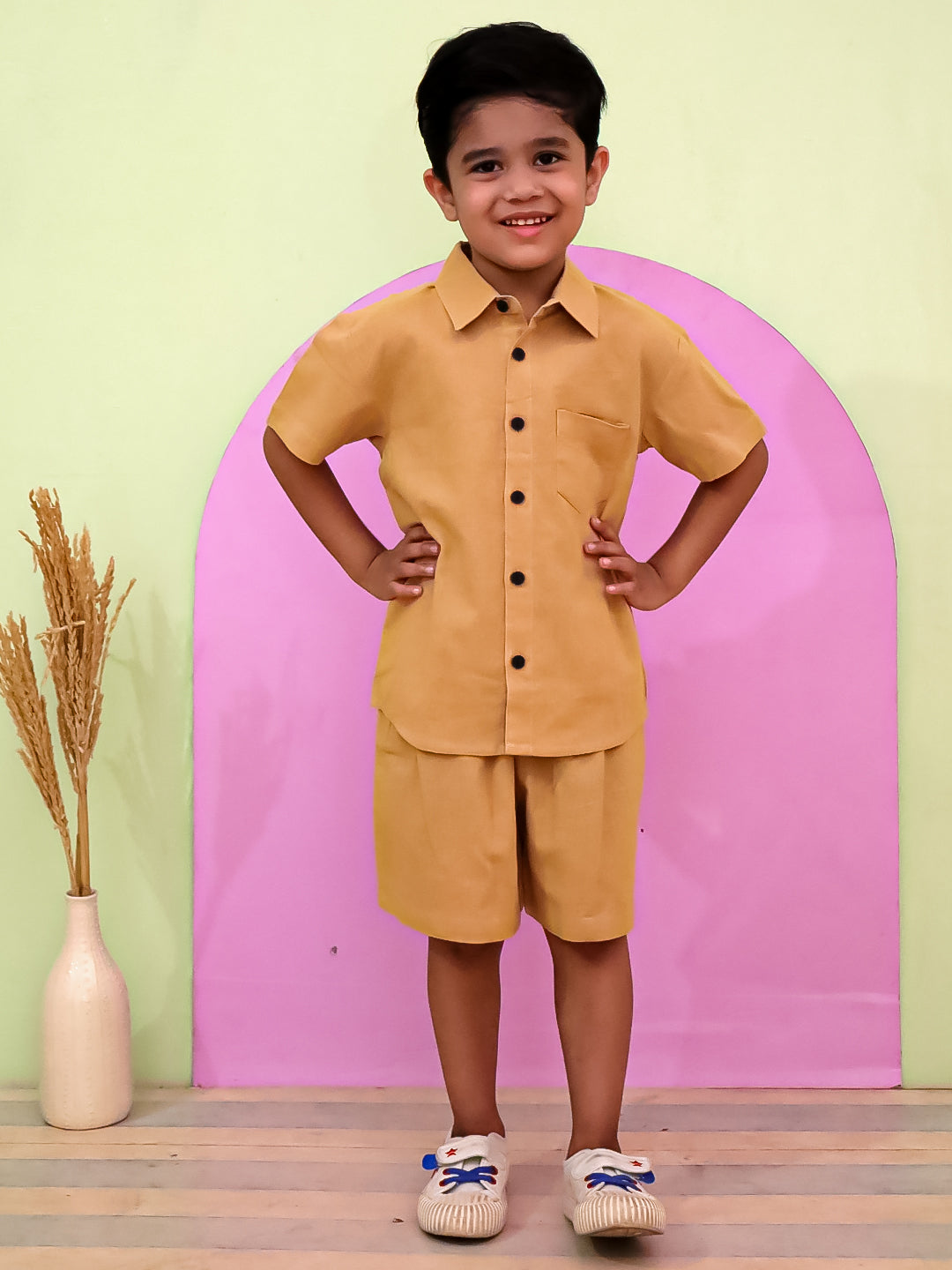 "Boys Cotton Co-ord Set – Mustard Half Sleeve Shirt & Shorts | Summer Outfit"