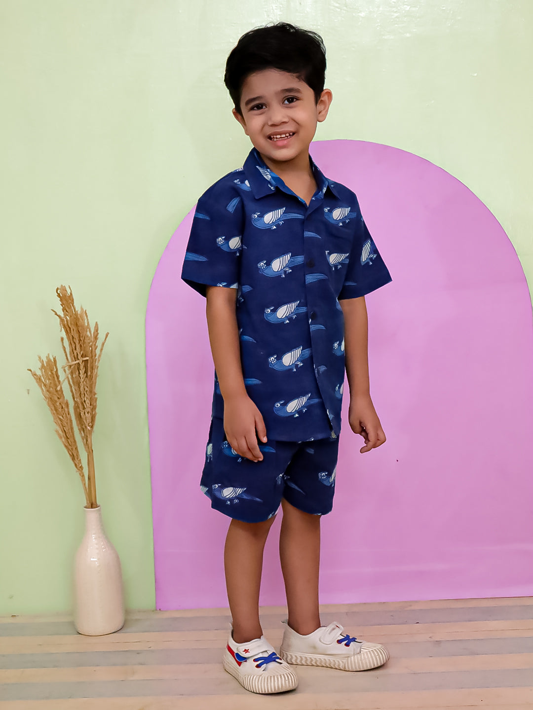 Boys' Cotton Flex Shirt & Shorts Co-ord Set – Blue Printed