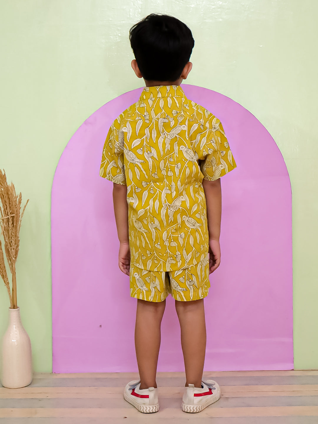 Boys' Cotton Flex Printed Co-ord Set – Yellow Half-Sleeve Shirt & Shorts