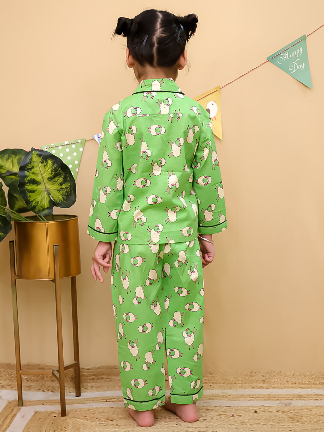 Girls Green Sheep Print Cotton Night Suit Set- Unbind