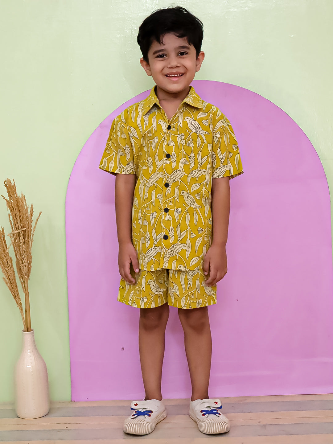Boys' Cotton Flex Printed Co-ord Set – Yellow Half-Sleeve Shirt & Shorts
