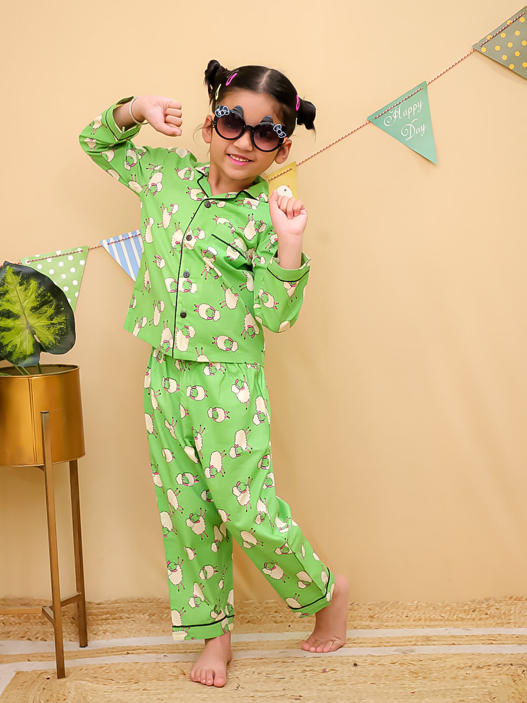 Girls Green Sheep Print Cotton Night Suit Set- Unbind