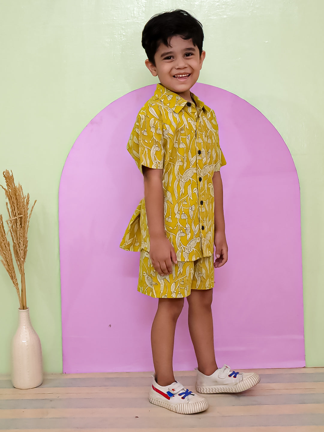 Boys' Cotton Flex Printed Co-ord Set – Yellow Half-Sleeve Shirt & Shorts