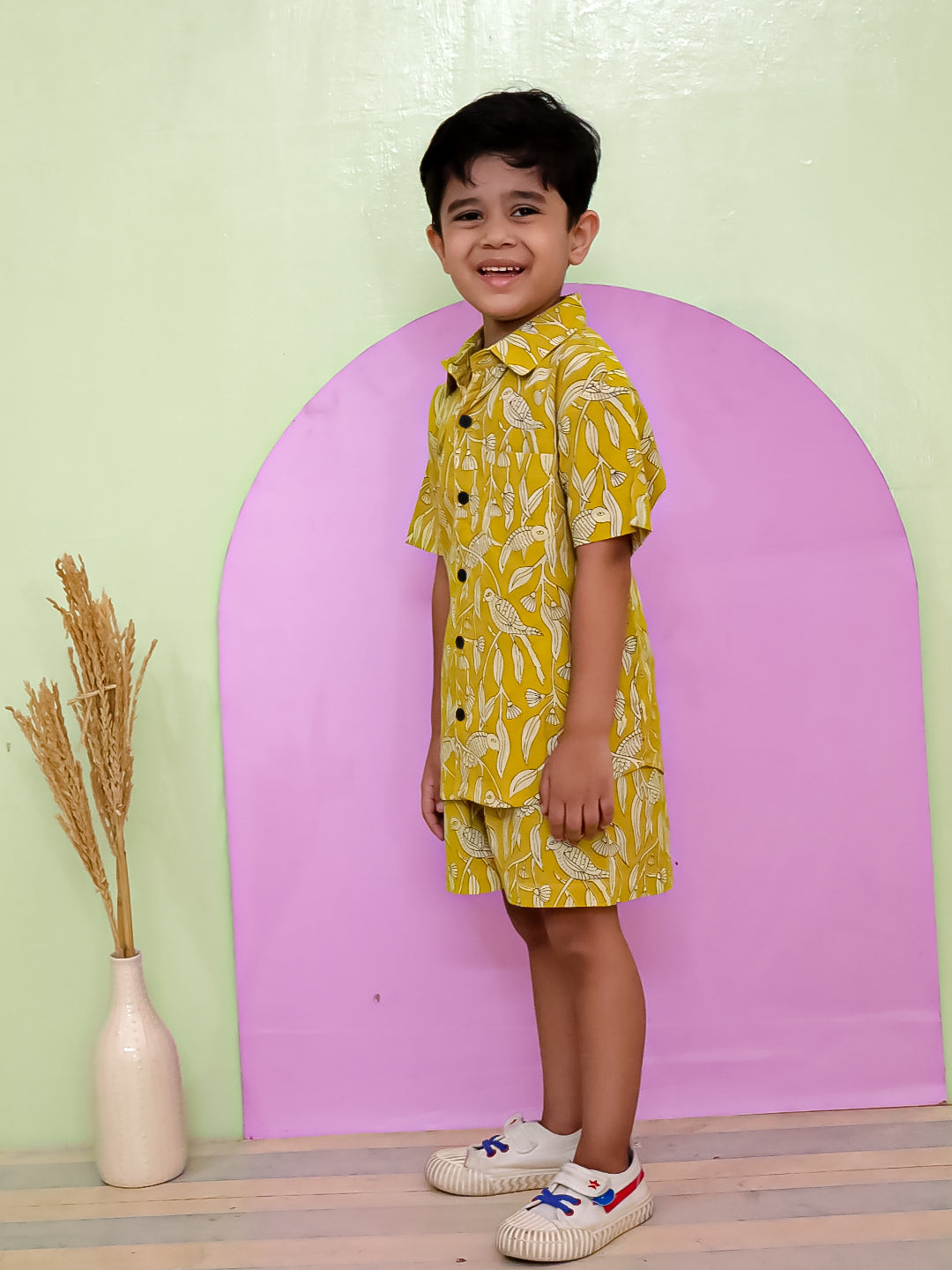 Boys' Cotton Flex Printed Co-ord Set – Yellow Half-Sleeve Shirt & Shorts