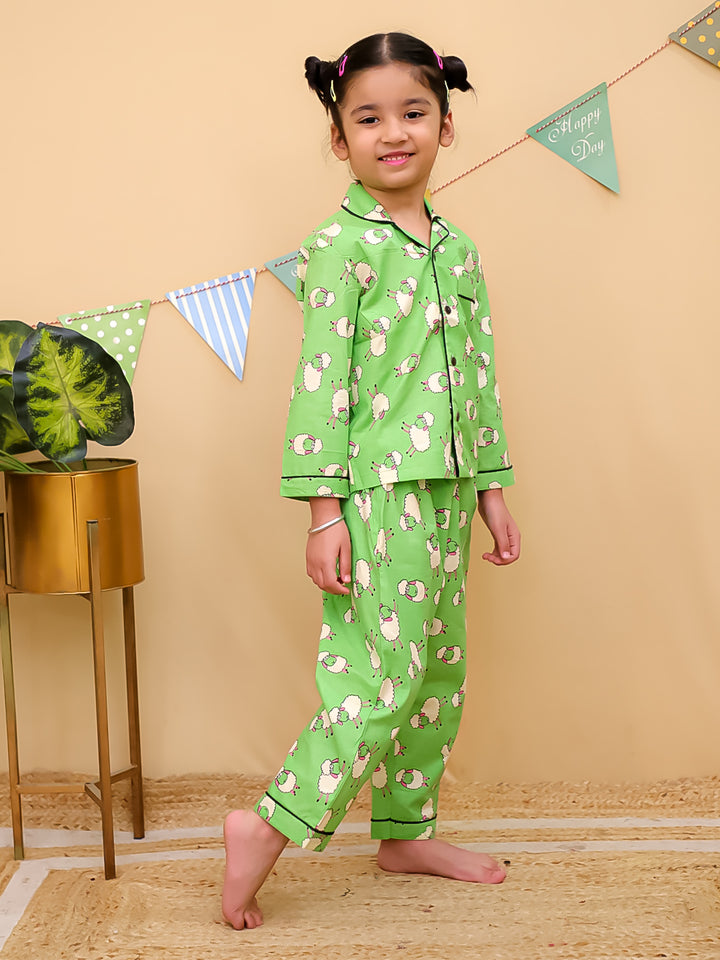 Girls Green Sheep Print Cotton Night Suit Set- Unbind