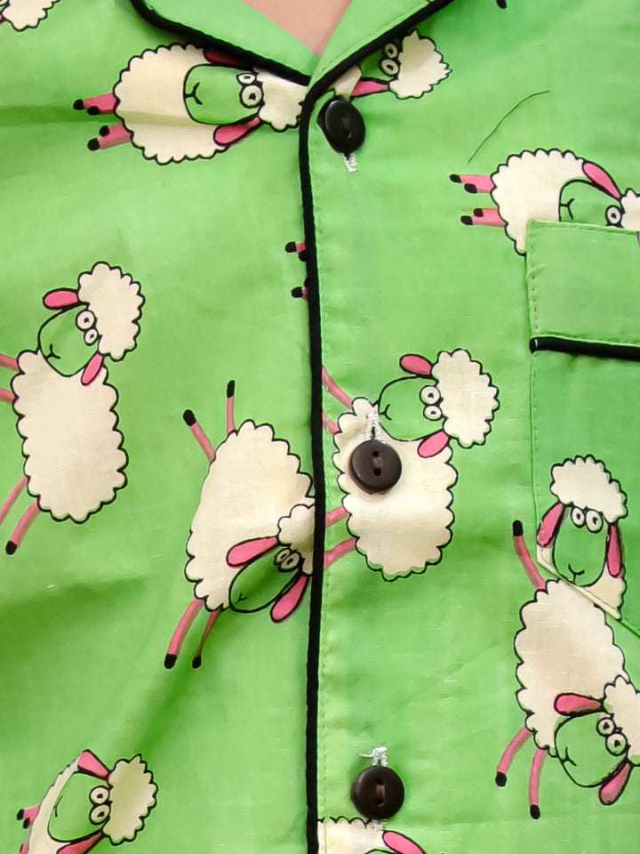 Girls Green Sheep Print Cotton Night Suit Set- Unbind