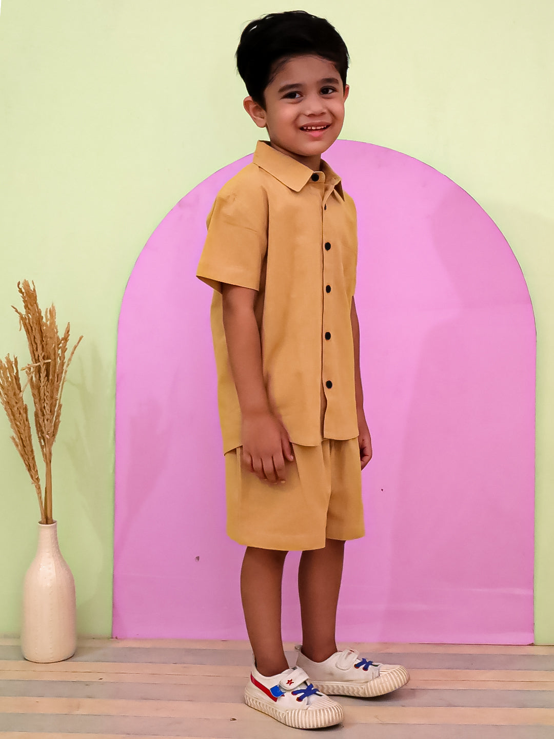"Boys Cotton Co-ord Set – Mustard Half Sleeve Shirt & Shorts | Summer Outfit"