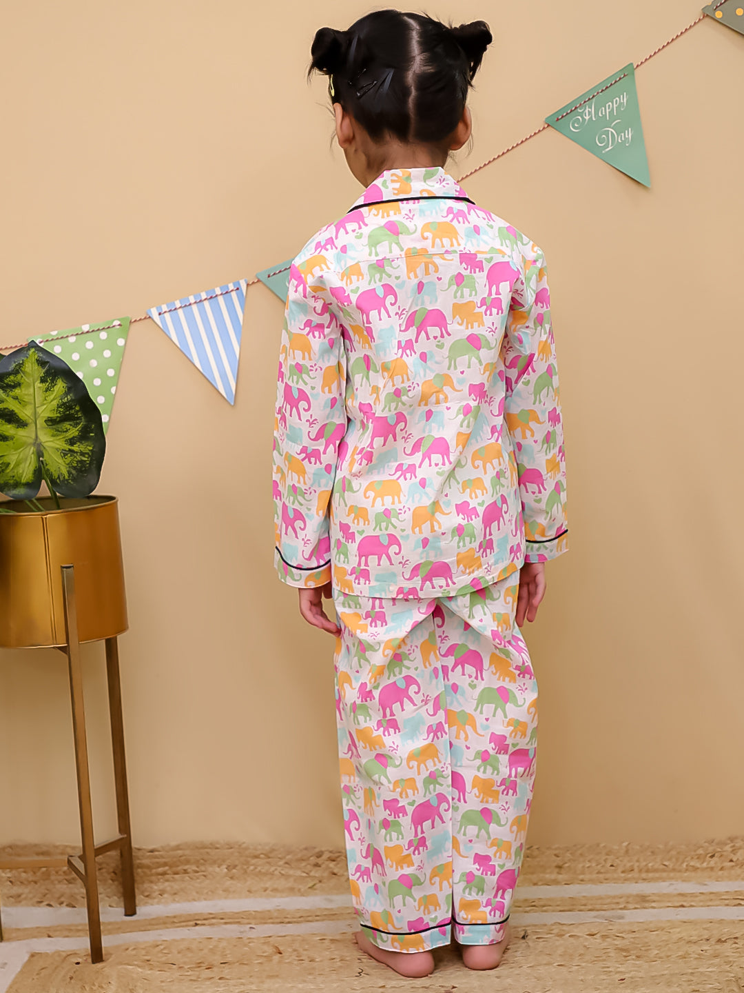 Girls Multicolor Elephant Print Cotton Night Suit Set - Unbind