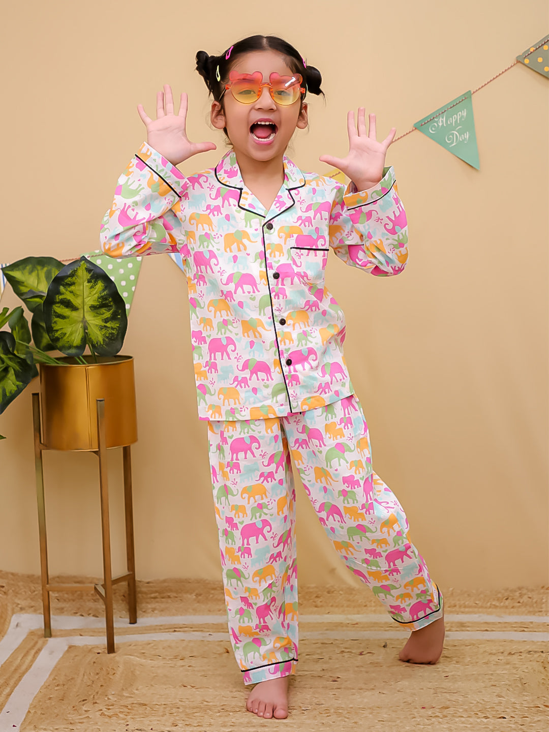 Girls Multicolor Elephant Print Cotton Night Suit Set - Unbind