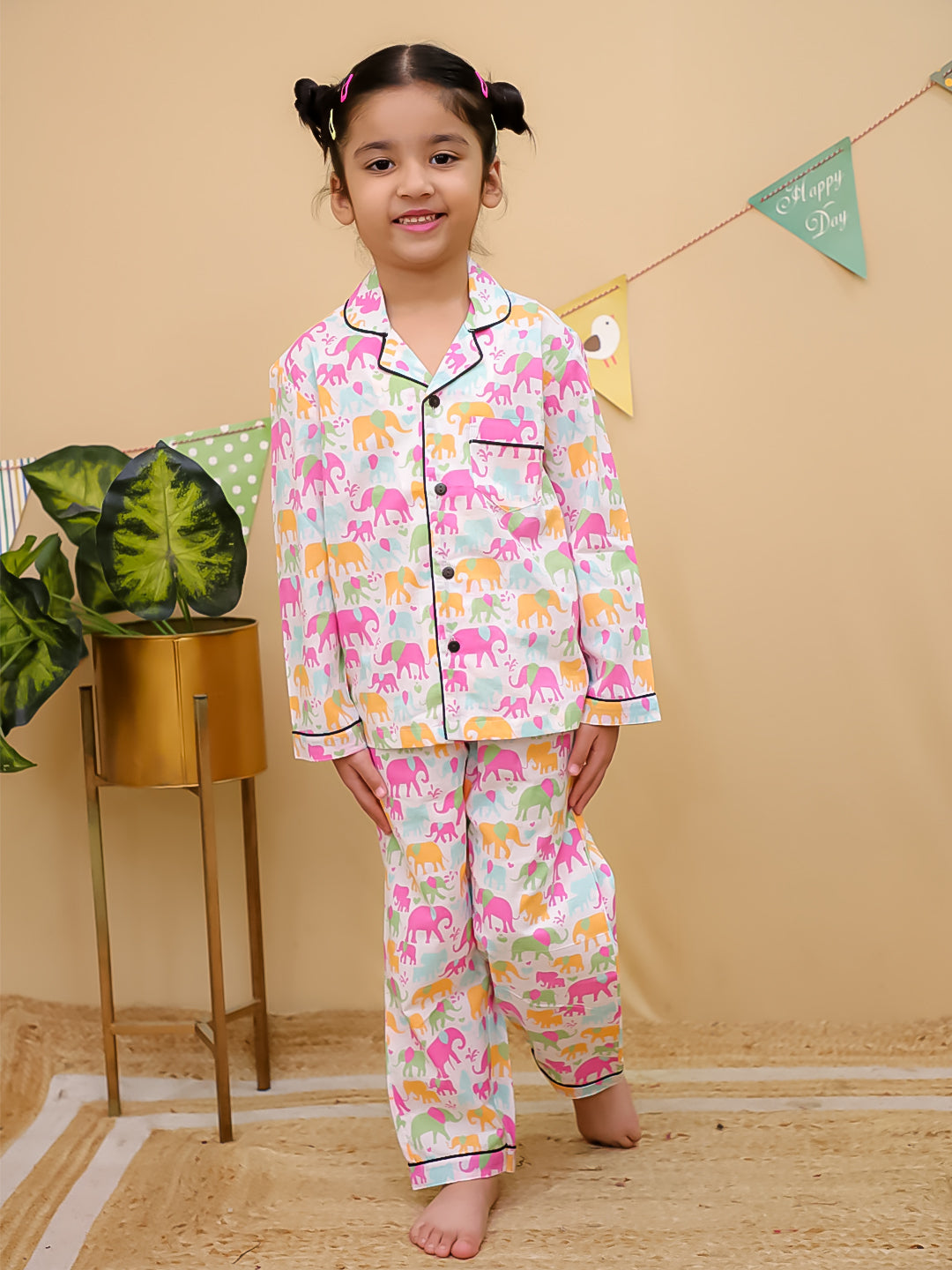 Girls Multicolor Elephant Print Cotton Night Suit Set - Unbind