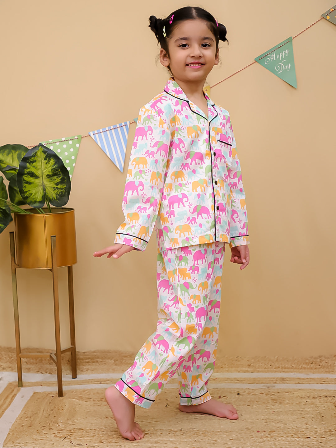 Girls Multicolor Elephant Print Cotton Night Suit Set - Unbind
