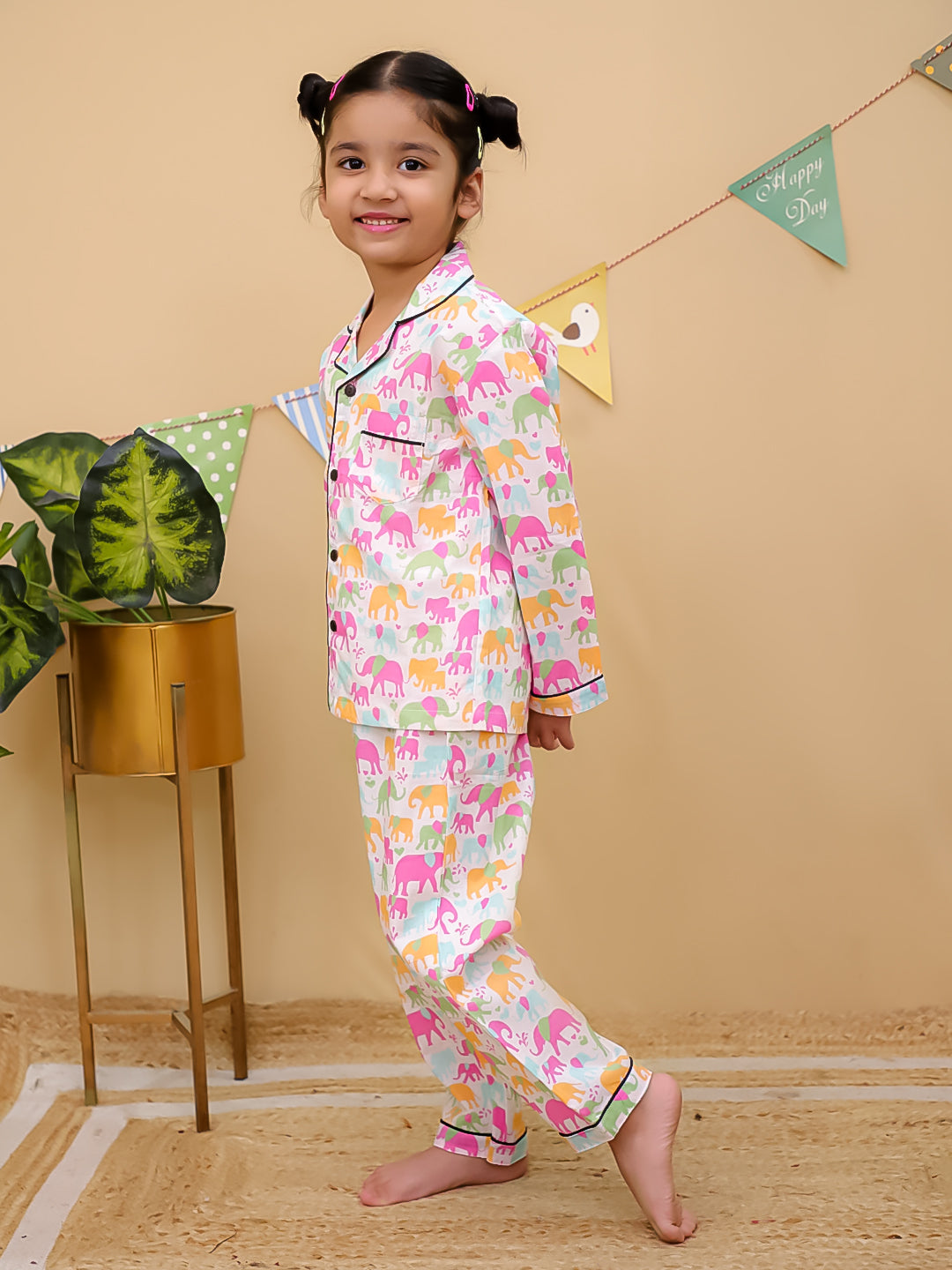 Girls Multicolor Elephant Print Cotton Night Suit Set - Unbind