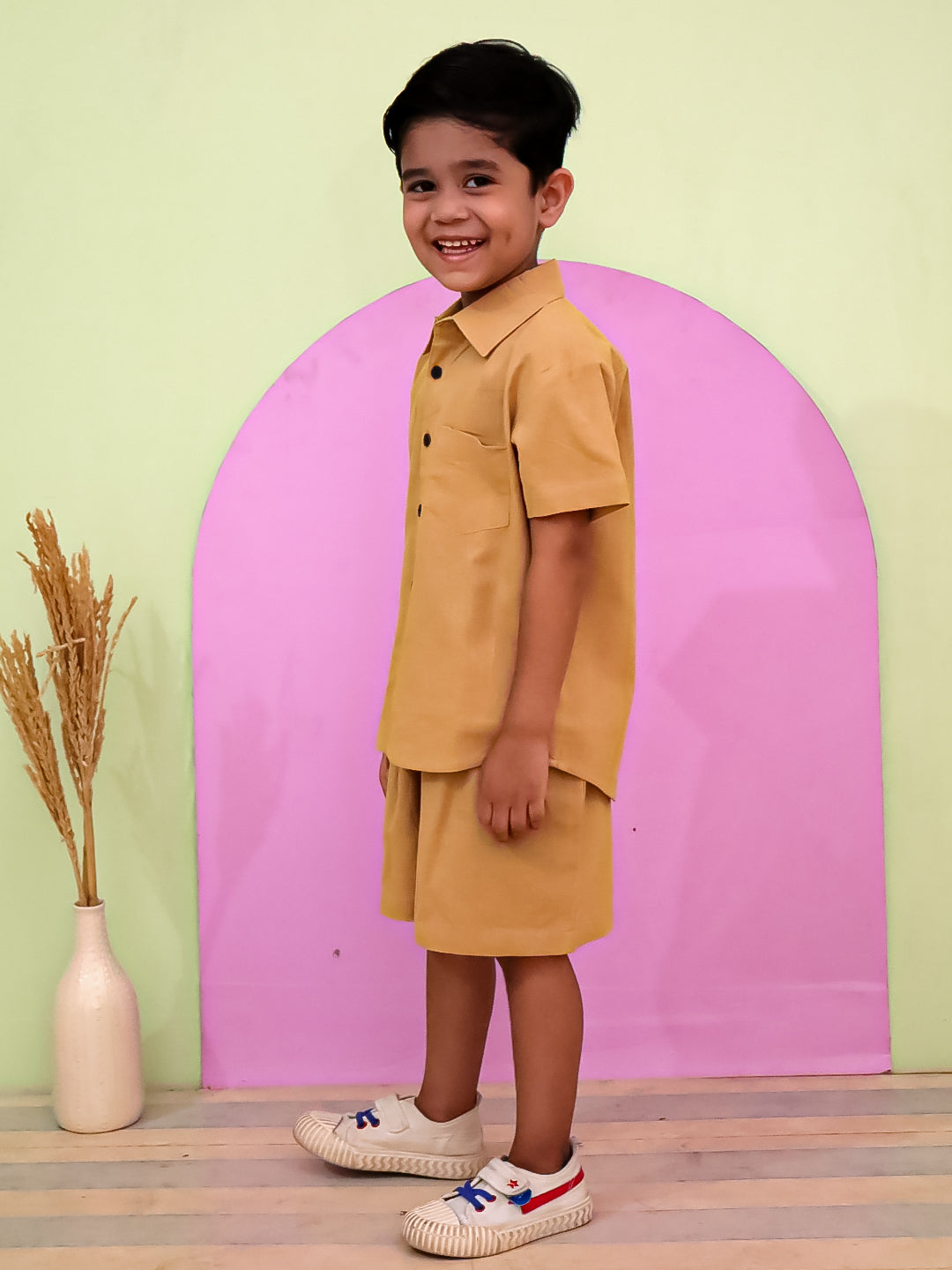 "Boys Cotton Co-ord Set – Mustard Half Sleeve Shirt & Shorts | Summer Outfit"