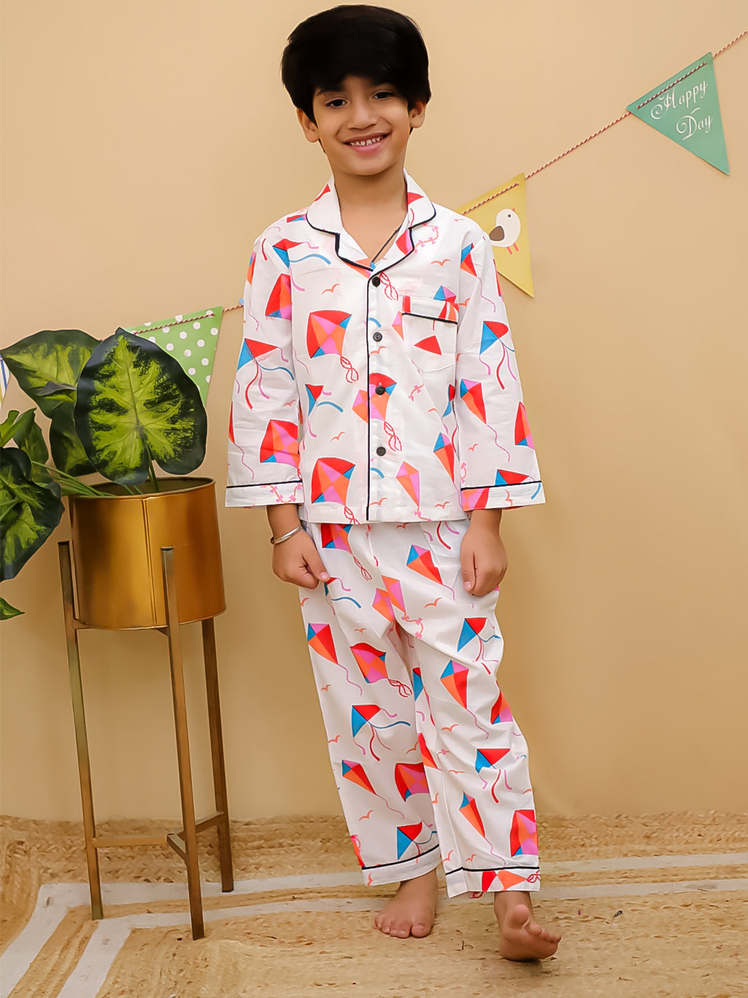 Boys White Kite Print Cotton Night Suit Set _ Unbind