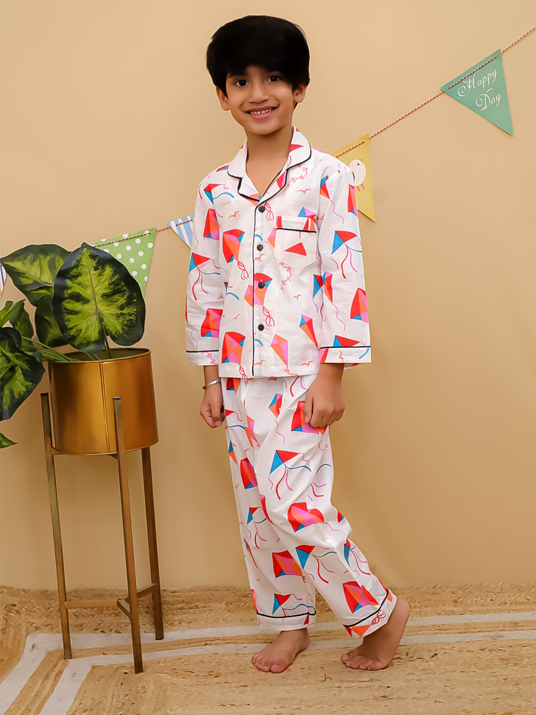 Boys White Kite Print Cotton Night Suit Set _ Unbind