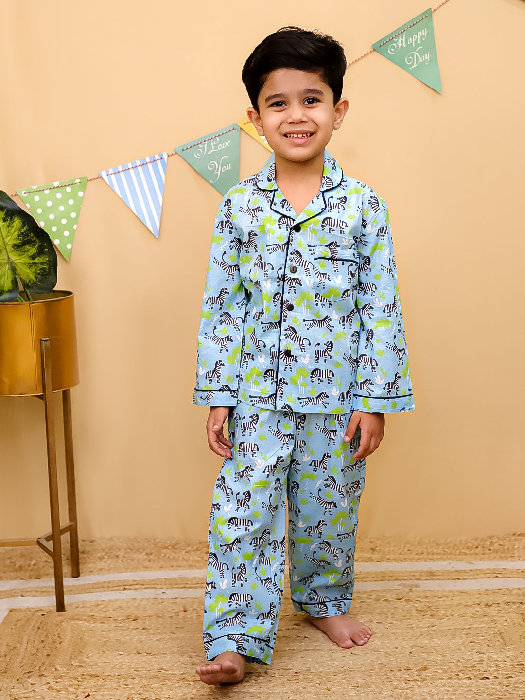 Unbind Kids Cotton Night Suit – Jungle Print (Blue)