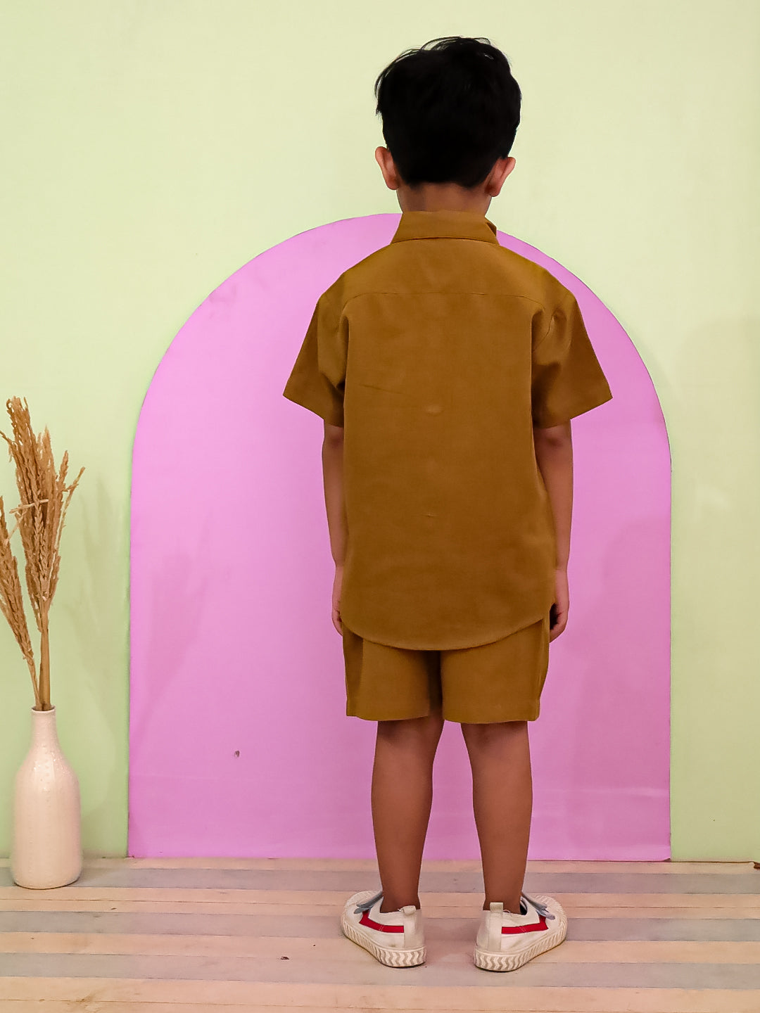 "Boys Mustard Cotton Flex Co-ord Set – Half Sleeve Shirt & Shorts"