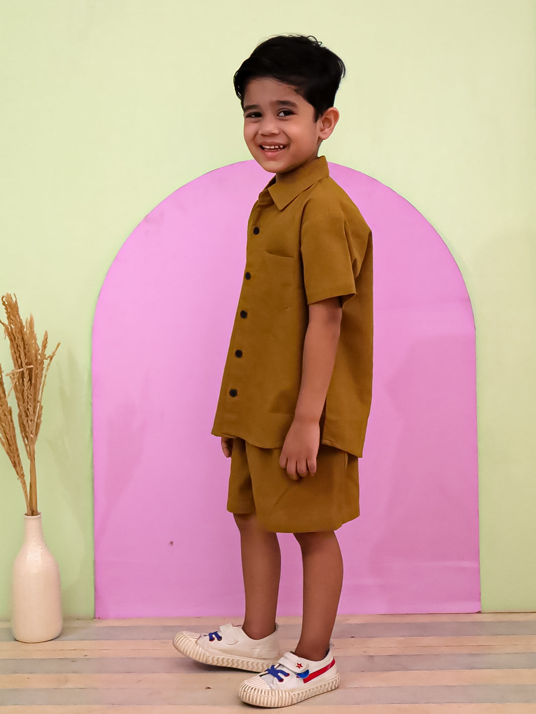 "Boys Mustard Cotton Flex Co-ord Set – Half Sleeve Shirt & Shorts"