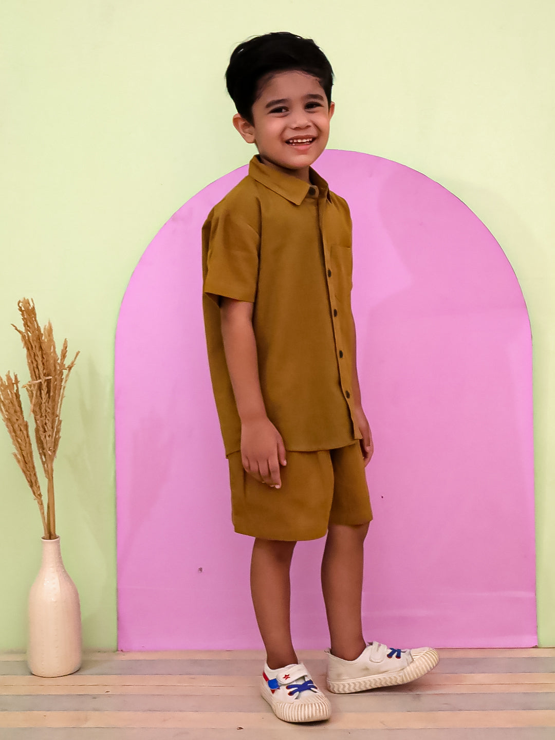 "Boys Mustard Cotton Flex Co-ord Set – Half Sleeve Shirt & Shorts"