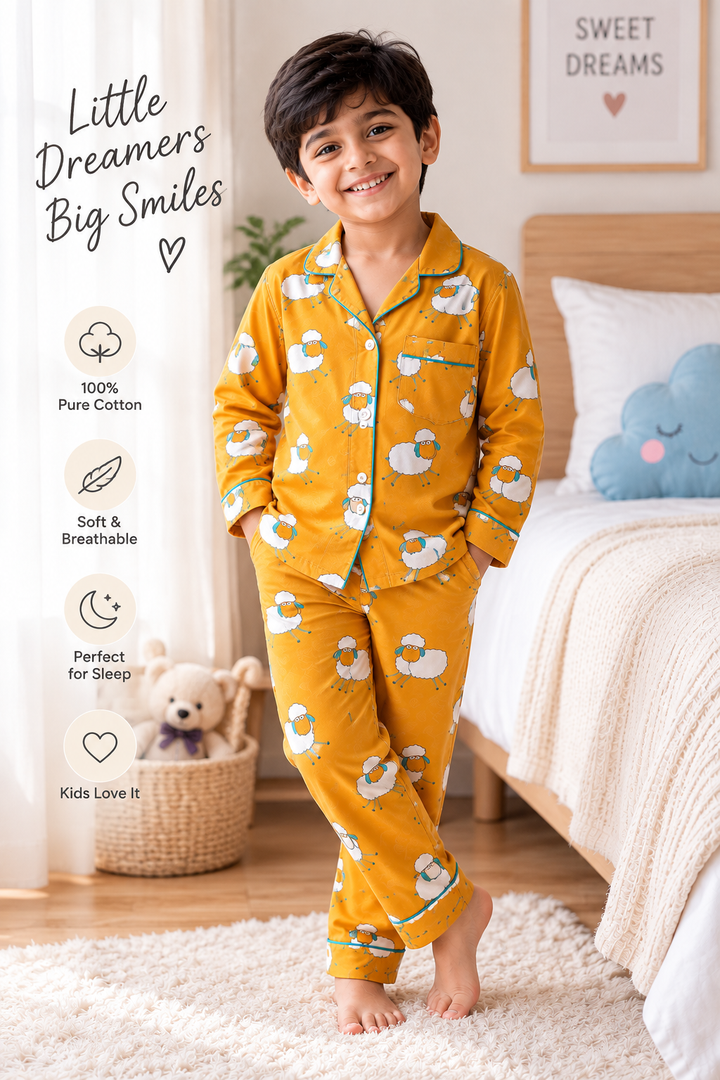 Kids Pure Cotton Sheep Print Night Suit – Full Sleeve Pajama Set with Collar & Front Pocket