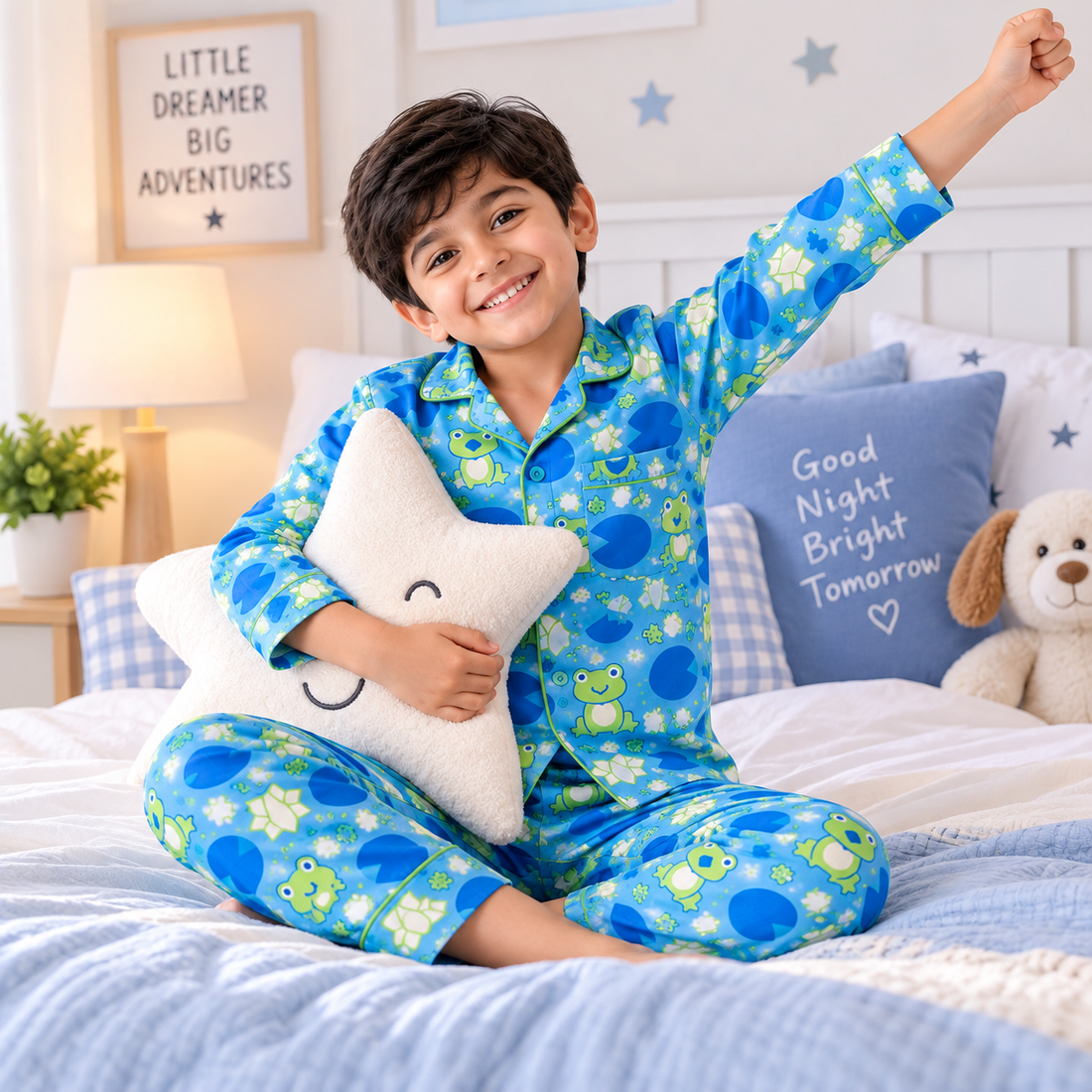 Kids Pure Cotton Frog Print Full Sleeve Night Suit | Collared Pajama Set with Front Pocket