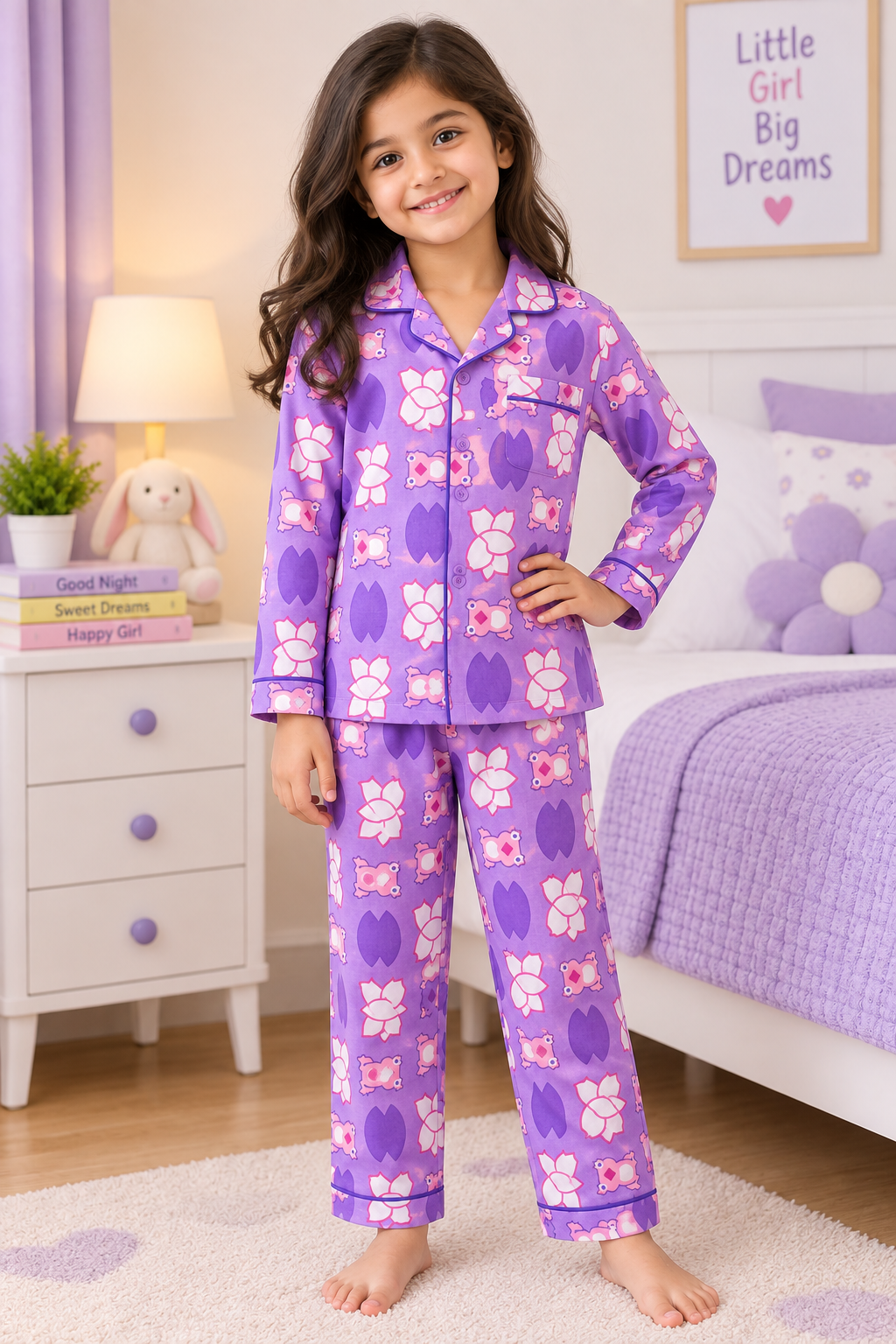 Girls Pure Cotton Full Sleeve Night Suit – Purple Floral & Cute Print Pajama Set
