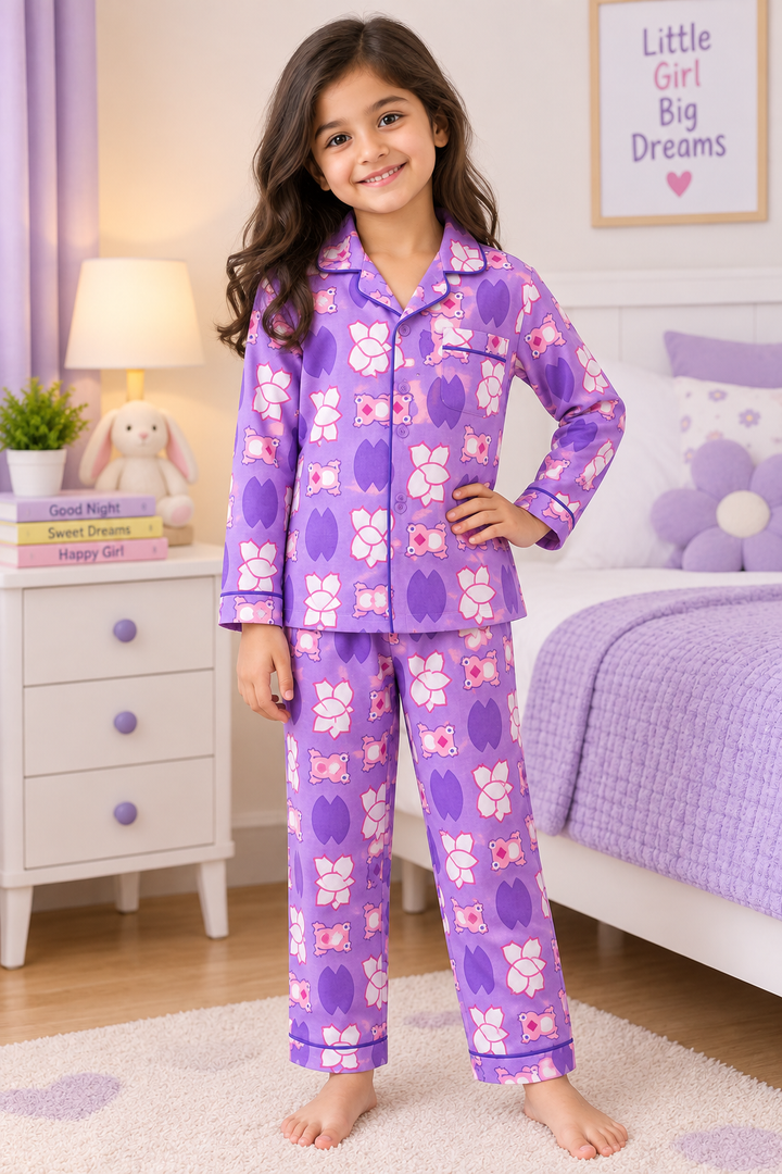 Girls Pure Cotton Full Sleeve Night Suit – Purple Floral & Cute Print Pajama Set