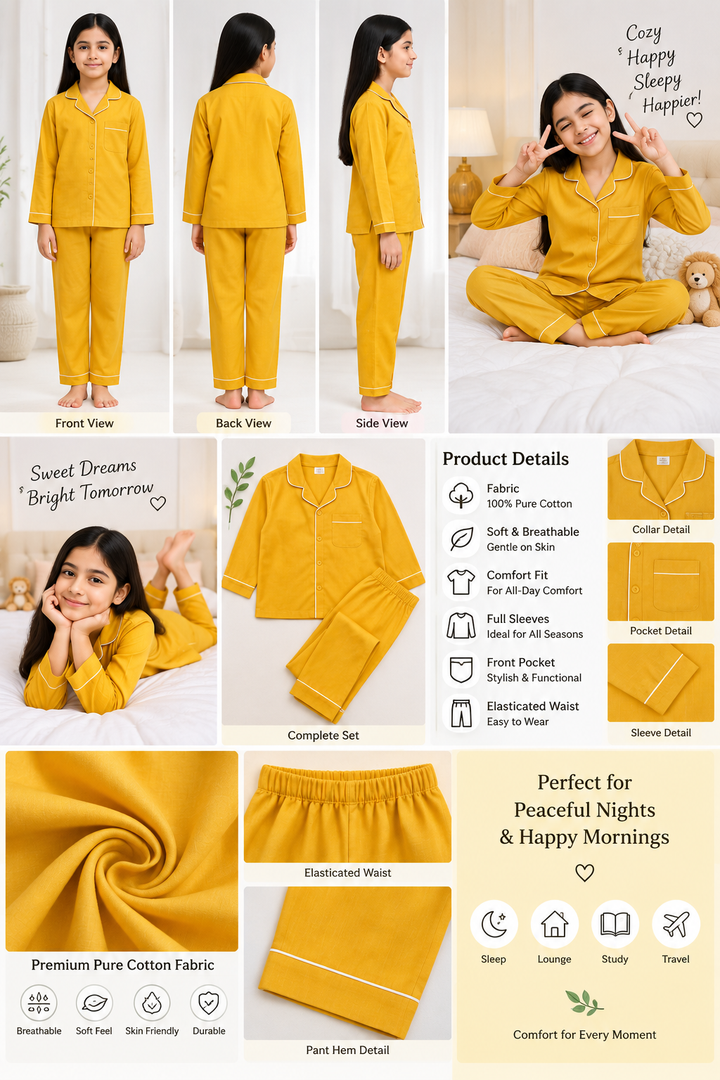 Girls Pure Cotton Full Sleeve Night Suit – Mustard Yellow