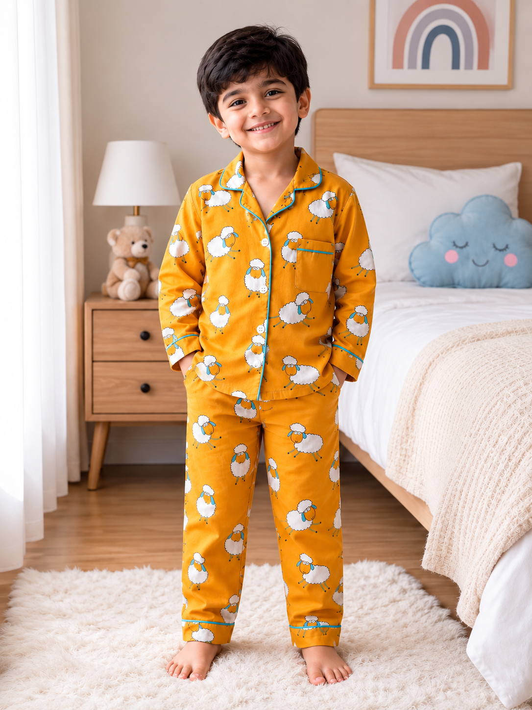 Kids Pure Cotton Sheep Print Night Suit – Full Sleeve Pajama Set with Collar & Front Pocket